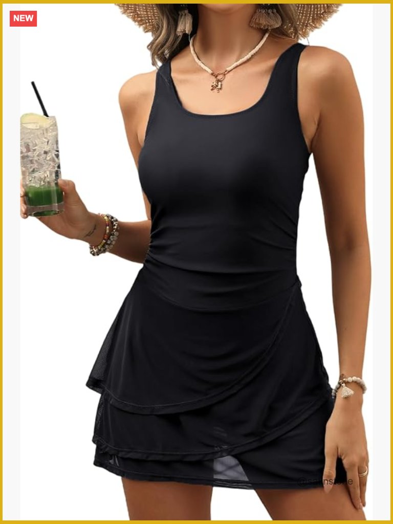 One Piece Tummy Control Swim Dress With Ruffle Skirt, Adjustable Straps